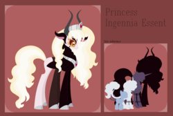 Size: 1024x689 | Tagged: safe, artist:chaserofthelight99, oc, oc only, oc:ingenia essent, hybrid, base used, cloven hooves, female, horns, interspecies offspring, multiple limbs, offspring, parent:lord tirek, parent:princess celestia, parents:celestirek, reference sheet, size chart, size comparison, solo