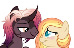 Size: 1200x782 | Tagged: safe, artist:aledera, oc, oc only, oc:dainty daffodil, oc:fire dance, earth pony, pony, unicorn, base used, blushing, curved horn, digital art, female, hair over one eye, horn, looking at each other, male, mare, oc x oc, shipping, simple background, stallion, straight, transparent background