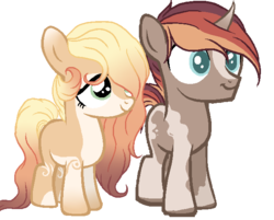 Size: 627x503 | Tagged: safe, artist:aledera, oc, oc only, oc:honeydew, oc:reed, earth pony, pony, unicorn, base used, child, colored pupils, colt, curved horn, digital art, duo, female, filly, hair over one eye, horn, male, offspring, parent:oc:dainty daffodil, parent:oc:fire dance, parents:oc x oc, simple background, transparent background