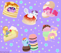 Size: 800x695 | Tagged: dead source, safe, artist:anzicorn, applejack, fluttershy, pinkie pie, rainbow dash, rarity, twilight sparkle, earth pony, pegasus, pony, unicorn, g4, blob ponies, chibi, chubbie, cute, dessert, female, flan, food, hnnng, horn, i'm pancake, ice cream, macaron, mane six, pancakes, ponies in food, pudding, spoon, tongue out