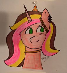 Size: 2100x2300 | Tagged: safe, oc, oc only, oc:astrid, pony, unicorn, blushing, crown, female, flower, green eyes, high res, jewelry, looking right, mare, multicolored hair, pink fur, regalia, smiling, solo, traditional art, wreath