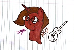 Size: 2644x1800 | Tagged: safe, oc, oc only, oc:nerdy, pony, unicorn, brown fur, glasses, guitar, lined paper, looking left, male, signature, solo, stallion, traditional art