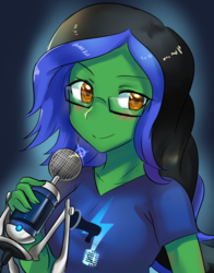 Size: 600x764 | Tagged: safe, artist:tzc, oc, oc only, oc:lightning voice, oc:thunderspeak, equestria girls, g4, clothes, commission, equestria girls-ified, female, glasses, microphone, shirt, smiling, solo