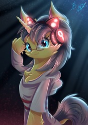 Size: 2435x3444 | Tagged: safe, artist:alexbluebird, oc, oc only, cat, hybrid, pony, art trade, cat ears, clothes, cute, female, glasses, headphones, high res, smiling, solo, tongue out