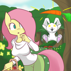 Size: 1500x1500 | Tagged: safe, artist:genericmlp, angel bunny, fluttershy, pegasus, rabbit, anthro, g4, basket, carrot, clothes, duo, eyes on the prize, female, food, happy, male, mare, paw pads, paws, starry eyes, underpaw, wingding eyes