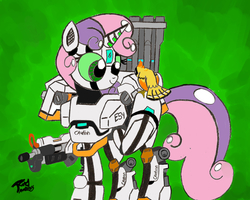 Size: 10000x8001 | Tagged: safe, artist:radiancebreaker, sweetie belle, bird, pony, robot, robot pony, unicorn, g4, absurd resolution, bastion (overwatch), birb, female, filly, foal, ganymede, hooves, horn, overwatch, solo, sweetie bot, weapon