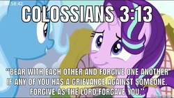 Size: 1200x676 | Tagged: safe, edit, edited screencap, screencap, starlight glimmer, trixie, all bottled up, g4, bible verse, forgiveness, image macro, meme, religion, text