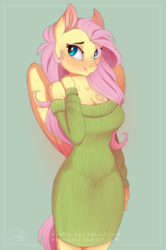 Size: 1800x2716 | Tagged: safe, artist:evehly, fluttershy, pegasus, anthro, g4, adorasexy, bare shoulders, blushing, breasts, busty fluttershy, cleavage, clothes, curvy, cute, dress, embarrassed, female, green background, green sweater, looking at you, looking away, mare, sexy, shyabetes, simple background, smiling, solo, stupid sexy fluttershy, sweater, sweater dress, sweater puppies, sweatershy, wings