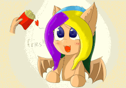 Size: 1700x1200 | Tagged: safe, artist:ppptly, oc, oc:program mouse, bat pony, pony, :3, animated, blushing, cute, drool, ear fluff, fangs, female, food, french fries, gif, hand, happy, heart, open mouth, simple background, that pony sure does love fries, wing twitch