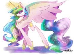 Size: 1024x768 | Tagged: dead source, safe, artist:emuuanne, princess celestia, alicorn, pony, g4, chest fluff, crown, curved horn, ethereal mane, female, glowing horn, hoof shoes, horn, jewelry, leg fluff, magic, mare, no catchlights, profile, raised hoof, regalia, signature, simple background, solo, transparent background, wing fluff