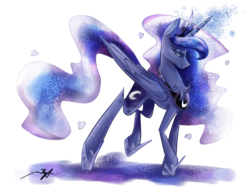 Size: 1024x768 | Tagged: dead source, safe, artist:emuuanne, princess luna, alicorn, pony, g4, chest fluff, crown, ethereal mane, female, glowing horn, hoof shoes, horn, jewelry, lidded eyes, magic, mare, no pupils, profile, regalia, signature, simple background, solo, starry mane, transparent background, wing fluff