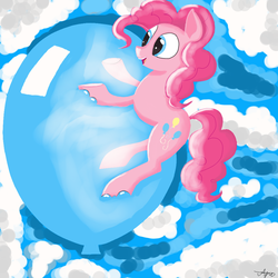Size: 1024x1024 | Tagged: safe, artist:draw-purple-1, pinkie pie, earth pony, pony, g4, balloon, cloud, female, floating, sky, solo, that pony sure does love balloons, then watch her balloons lift her up to the sky