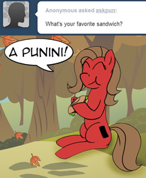 Size: 392x476 | Tagged: safe, artist:cedar13, oc, oc only, oc:pun, earth pony, pony, ask pun, ask, female, food, mare, pun, sandwich, solo