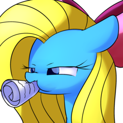 Size: 1280x1280 | Tagged: safe, artist:acersiii, oc, oc only, oc:cuteamena, pony, bow, hair bow, mouth hold, narrowed eyes, newspaper, simple background, solo, transparent background, unamused