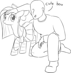 Size: 1485x1519 | Tagged: safe, artist:acersiii, oc, oc:anon, oc:cuteamena, human, bow, duo, hair bow, monochrome, not pinkie pie, simple background, stroking