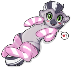 Size: 4114x3920 | Tagged: safe, artist:horsefeathers, oc, oc only, oc:zebra north, pony, zebra, belly, clothes, cute, femboy, heart, male, on back, pictogram, simple background, socks, solo, speech bubble, striped socks, transparent background, zebra femboy, zebra oc