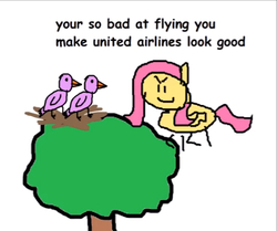 Size: 499x418 | Tagged: safe, artist:round trip, mean fluttershy, bird, round trip's mlp season 8 in a nutshell, g4, the mean 6, clone, in a nutshell, misspelling, monochrome, roasted, stylistic suck, tree, united airlines