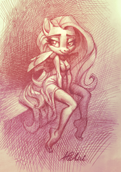 Size: 1251x1772 | Tagged: safe, artist:holivi, fluttershy, pegasus, anthro, plantigrade anthro, g4, barefoot, clothes, dress, feet, female, looking at you, mare, monochrome, solo