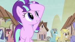 Size: 1920x1080 | Tagged: safe, screencap, blueberry frosting, currant dust, moon dust, offbeat, starlight glimmer, g4, the cutie map, animated, animation error, equal cutie mark, female, loop, no sound, our town, species swap, webm