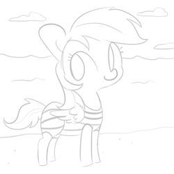 Size: 1650x1650 | Tagged: safe, artist:tjpones, rainbow dash, pegasus, pony, g4, beach, clothes, female, grayscale, mare, monochrome, ocean, simple background, smoldash, solo, swimsuit, white background