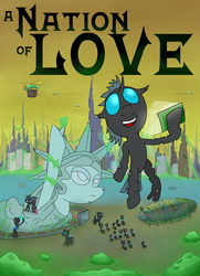 Size: 1028x1416 | Tagged: safe, artist:ultrathehedgetoaster, changeling, fanfic:a nation of love, alternate timeline, alternate universe, biotechnology, changeling hive, chrysalis resistance timeline, fanfic, fanfic art, green changeling, liberty, pink changeling, planet of the apes, purple changeling, red changeling, statue of liberty, yellow changeling