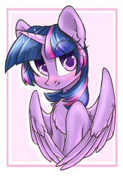 Size: 1288x1843 | Tagged: safe, artist:ohno, twilight sparkle, alicorn, pony, g4, chest fluff, cute, eye clipping through hair, female, looking at you, mare, smiling, solo, sparkles, twiabetes, twilight sparkle (alicorn)
