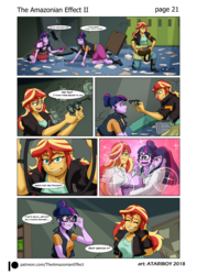 Size: 1681x2344 | Tagged: safe, artist:atariboy2600, artist:bluecarnationstudios, sci-twi, sunset shimmer, twilight sparkle, comic:the amazonian effect, comic:the amazonian effect ii, equestria girls, g4, blushing, canterlot high, clothes, comic, cute, destruction, dialogue, female, first person view, flashback, glasses, lab coat, lesbian, offscreen character, pov, ship:sci-twishimmer, ship:sunsetsparkle, shipping, trio, twiabetes, twolight