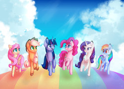 Size: 1280x921 | Tagged: safe, artist:crystalleye, applejack, fluttershy, pinkie pie, rainbow dash, rarity, twilight sparkle, alicorn, pegasus, pony, unicorn, all bottled up, g4, best friends until the end of time, female, lesbian, mane six, mare, omniship, polyamory, scene interpretation, shipping, twilight sparkle (alicorn)