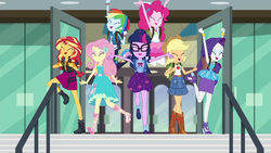 Size: 1280x720 | Tagged: safe, screencap, applejack, fluttershy, pinkie pie, rainbow dash, rarity, sci-twi, sunset shimmer, twilight sparkle, equestria girls, equestria girls series, g4, the last day of school, ^^, applejack's hat, armpits, backpack, boots, bowtie, bracelet, canterlot high, clothes, cowboy boots, cowboy hat, cute, cutie mark, cutie mark on clothes, dashabetes, denim skirt, diapinkes, doors, dress, eyes closed, female, geode of empathy, geode of fauna, geode of shielding, geode of sugar bombs, geode of super speed, geode of super strength, geode of telekinesis, glass, hairpin, happy, hat, headband, high heels, hoodie, humane five, humane seven, humane six, jackabetes, jacket, jewelry, jumping, leather, leather jacket, magical geodes, open mouth, open smile, ponytail, raribetes, rarity peplum dress, sandals, school, shimmerbetes, shirt, shoes, shyabetes, skirt, sleeveless, staircase, stairs, t-shirt, tank top, twiabetes, vest, weapons-grade cute, yay