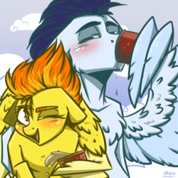 Size: 2500x2500 | Tagged: safe, artist:lrusu, soarin', spitfire, pegasus, pony, g4, drinking, grin, high res, male, ship:soarinfire, shipping, smiling, straight, wing hands