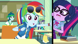 Size: 1280x720 | Tagged: safe, screencap, blueberry cake, captain planet, rainbow dash, sci-twi, twilight sparkle, equestria girls, g4, my little pony equestria girls: better together, the last day of school, background human, breaking the fourth wall, fourth wall, geode of super speed, geode of telekinesis, magical geodes