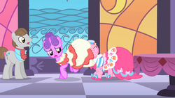 Size: 1280x720 | Tagged: safe, screencap, north star, pinkie pie, star gazer, earth pony, pony, unicorn, g4, the best night ever, background pony, canterlot, clothes, dress, female, male, mare, out of context, stallion, surprised, table