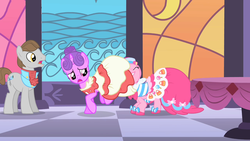 Size: 1280x720 | Tagged: safe, screencap, north star, pinkie pie, star gazer, earth pony, pony, unicorn, g4, the best night ever, background pony, canterlot, checkered floor, clothes, dress, female, male, mare, out of context, stallion, surprised, table