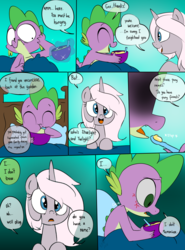 Size: 900x1214 | Tagged: safe, artist:emositecc, spike, oc, oc:nebula, dragon, pony, unicorn, comic:empty halls, g4, amnesia, bed, comic, duo, female, food, glowing horn, horn, mare, scared, soup