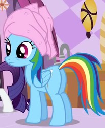 Size: 516x627 | Tagged: safe, screencap, rainbow dash, rarity, pegasus, pony, g4, season 1, the best night ever, butt, cropped, female, mare, plot, solo focus, towel