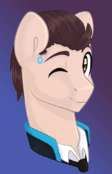 Size: 1284x2000 | Tagged: safe, artist:tigra0118, android, pony, bust, clothes, connor, crossover, detroit: become human, gradient background, looking at you, male, one eye closed, ponified, portrait, rk800, smiling, solo, stallion, suit, wink