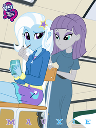 Size: 3997x5342 | Tagged: safe, artist:edcom02, artist:jmkplover, maud pie, trixie, equestria girls, g4, female, food, lesbian, pocky, raised eyebrow, ship:mauxie, shipping, sitting