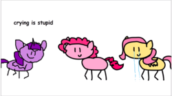 Size: 861x481 | Tagged: safe, artist:round trip, fluttershy, mean twilight sparkle, pinkie pie, alicorn, pony, round trip's mlp season 8 in a nutshell, g4, the mean 6, clone, crying, sad
