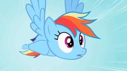 Size: 1280x720 | Tagged: safe, screencap, rainbow dash, pony, g4, may the best pet win, female, flying, shocked, sky, solo