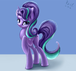 Size: 3000x2800 | Tagged: safe, artist:foughtdragon01, starlight glimmer, pony, unicorn, g4, female, high res, looking at you, mare, raised hoof, signature, simple background, smiling, solo
