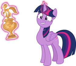 Size: 3455x3000 | Tagged: safe, artist:sollace, twilight sparkle, alicorn, pony, g4, surf and/or turf, .svg available, adorkable, cute, dork, female, glowing horn, high res, horn, lip bite, looking at you, magic, mare, show accurate, simple background, solo, telekinesis, transparent background, trophy, twiabetes, twilight is a foal fiddler, twilight sparkle (alicorn), vector