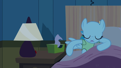 Size: 1280x720 | Tagged: safe, screencap, rainbow dash, g4, read it and weep, animation error, bed, eyes closed, hospital gown, lamp, no mane, reaching, sheet, tissue