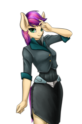 Size: 1200x1800 | Tagged: safe, artist:d-lowell, oc, oc only, earth pony, anthro, anthro oc, clothes, explicit source, female, mare, not scootaloo, shirt, side slit, simple background, skirt, smiling, solo, transparent background