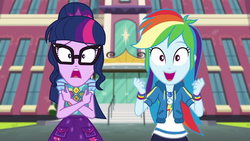 Size: 1280x720 | Tagged: safe, screencap, rainbow dash, sci-twi, twilight sparkle, equestria girls, g4, my little pony equestria girls: better together, the last day of school, female, geode of super speed, looking at you, magical geodes, varying degrees of want