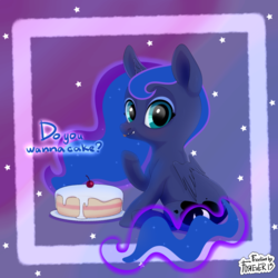 Size: 894x894 | Tagged: safe, artist:moonhoek, princess luna, alicorn, pony, rcf community, g4, cake, cherry, chibi, cute, female, foal, food, free to use, freeline, looking at you, night, simple background, sitting, solo, stars, sweet, tongue out, wings