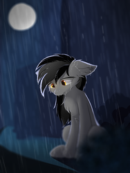 Size: 2100x2800 | Tagged: safe, artist:morningbullet, oc, oc only, oc:noot, pony, chest fluff, crying, ear fluff, female, high res, mare, moon, rain, sad, solo