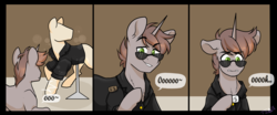 Size: 2048x853 | Tagged: safe, artist:twisted-sketch, oc, oc:order compulsive, pony, unicorn, clothes, comic, gray, green eyes, jacket, male, mannequin, reaction, shopping, solo, sticker shock, sunglasses