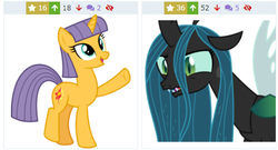 Size: 481x259 | Tagged: safe, artist:parclytaxel, artist:sketchmcreations, maud pie, queen chrysalis, sunset shimmer, changeling, changeling queen, pony, unicorn, derpibooru, g4, the mean 6, .svg available, alternate hairstyle, annoyed, female, juxtaposition, looking up, mane swap, mare, meta, open mouth, pointing, raised leg, simple background, smiling, wat
