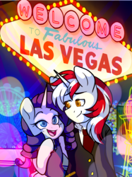 Size: 2688x3600 | Tagged: safe, artist:twisted-sketch, rarity, oc, pony, unicorn, g4, canon x oc, clothes, commission, dress, female, high res, las vegas, male, mare, smiling, stallion, straight