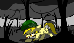 Size: 1553x900 | Tagged: safe, artist:countryroads, oc, oc:leslie fair, /mlpol/, barbwire, crawling, darkness, forest, helmet, knife, soldier